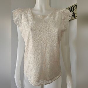 Anne Klein Womens Top M Cream Ivory Short Cap Sleeve Lace Embellished